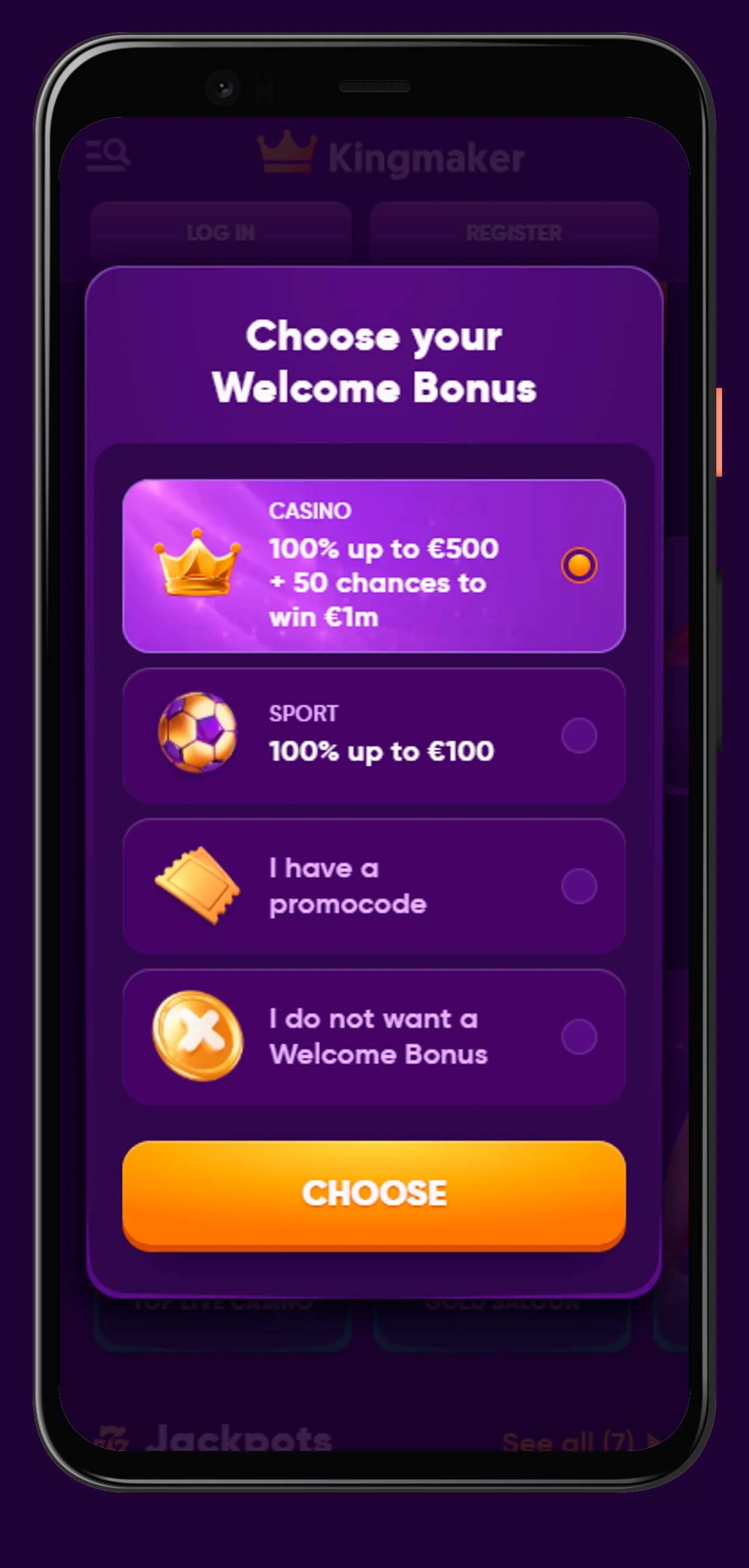 scelta del bonus mobile kingmaker casino